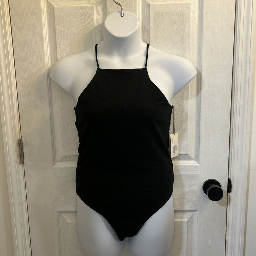 NWT A New Day Women's High Neck Thong Snap Closure Black Bodysuit Size Large